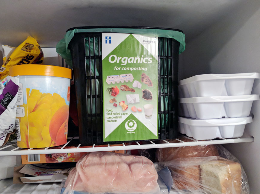 Organics bin in a home freezer
