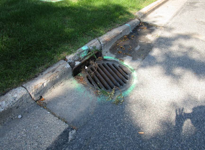 Round sewer grate along Vincent Ave. N. 