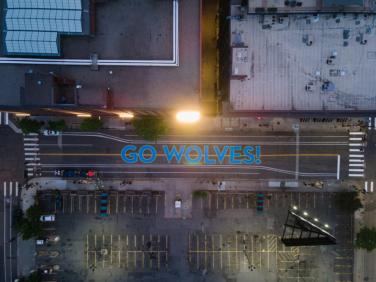 First Avenue painted "Go Wolves!" in Minnesota Timberwolves blue and green