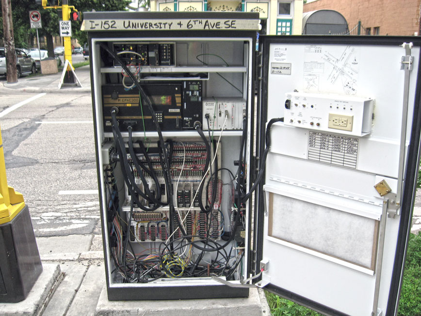 Inside cables of a traffic signal maintenance box