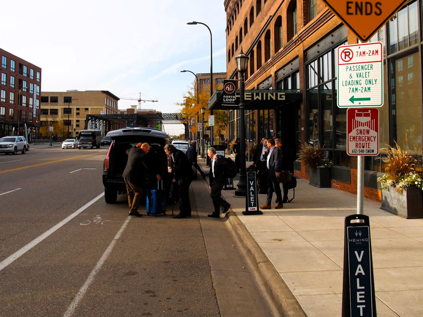 Hotel valet in Minneapolis with valet loading only sign