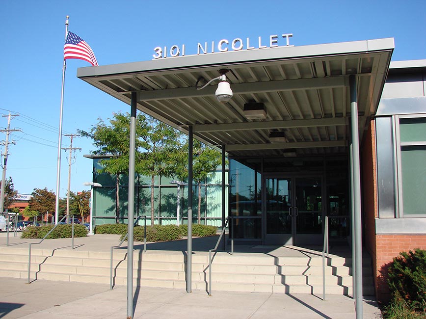 Exterior of Minneapolis Police, 5th Precinct at 3103 Nicollet