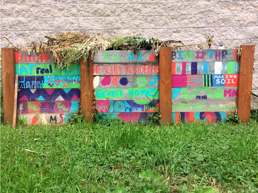 Homegrown colorful compost bins