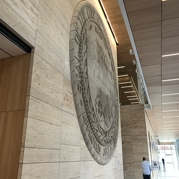 The lobby of the new Public Service Center features a massive, 26-foot wide, 20-ton seal. 