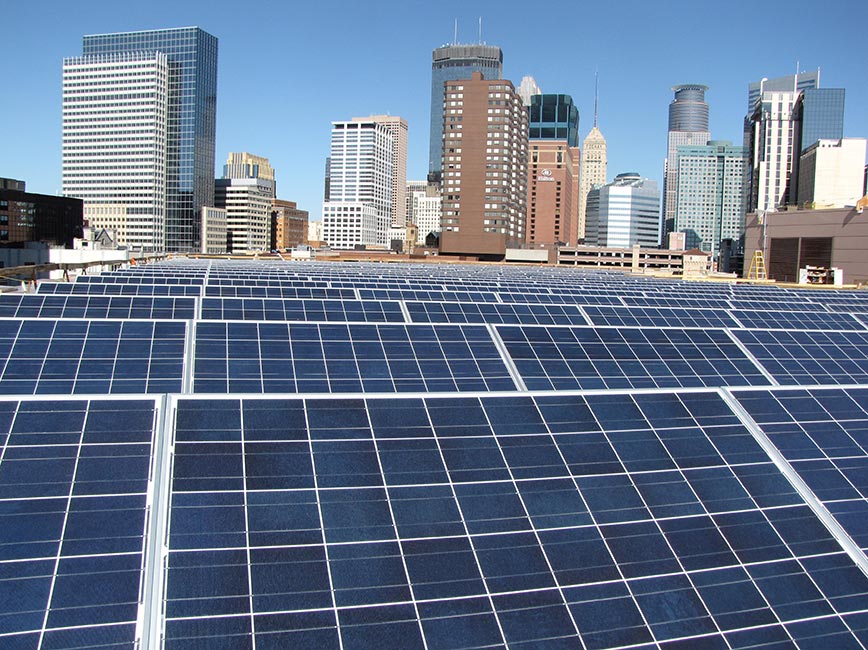 Solar panel on a roof in downtown Minneapolis