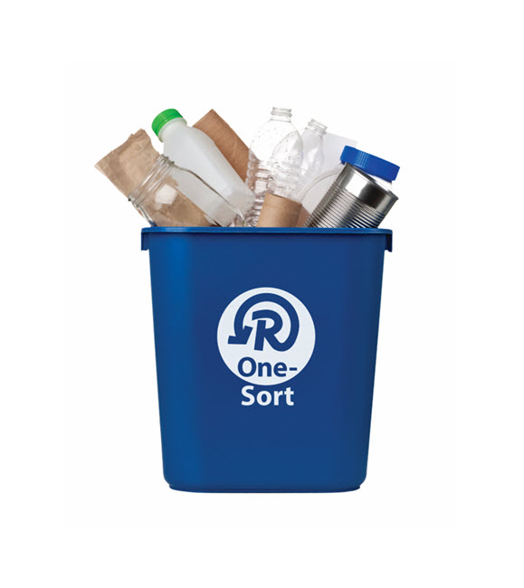 recycling bin filled with aluminum, paper, glass, plastic recycling