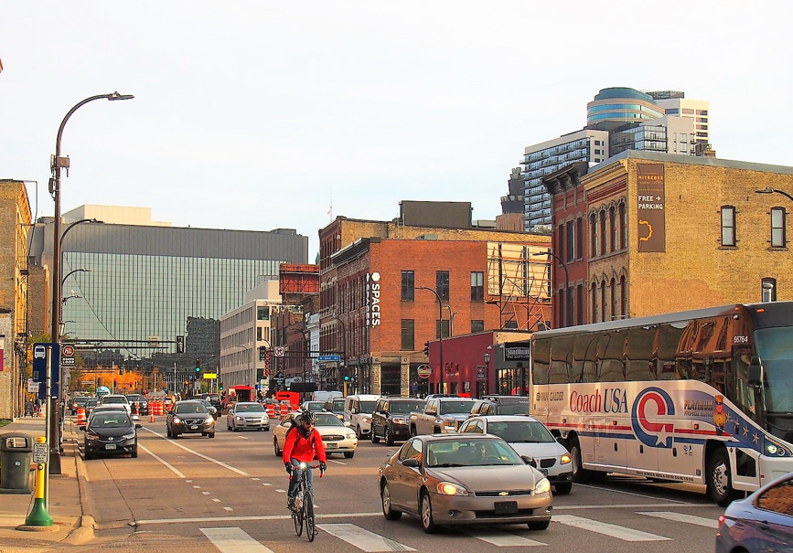 bicycling and driving downtown minneapolis