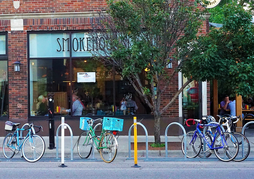 bike corral racks outside restaurant northbound smokehouse