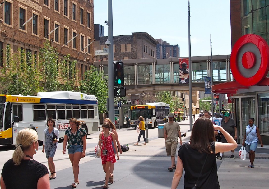 People crossing street downtown mpls