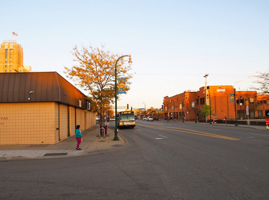 Lake street at sunrise with midtown in skyline