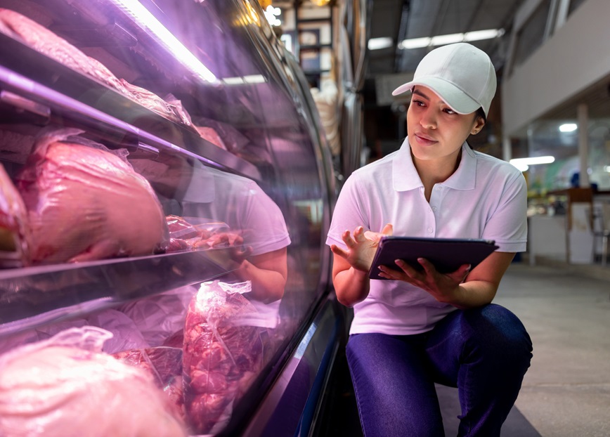 Restaurant worker checking refrigerated food temperature Restaurant worker checking refrigerated food temperature