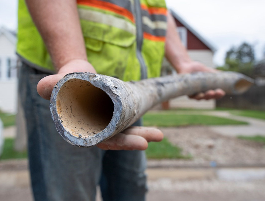 A worker holding a water service line pipe.